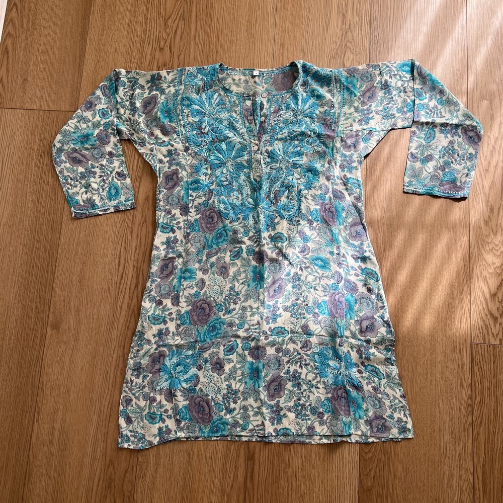 100% Silk Long Tunic Blouse Bohemian Made in India Size Small, Embroidered